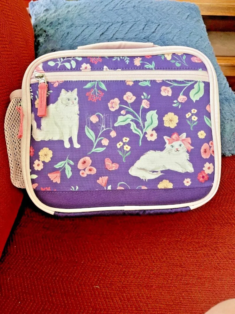 Pottery Barn Kids Cold Pack Lunch Box Kitty Floral Purple Pink Cats NWOT